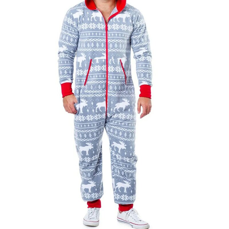 Autumn Winter Men Warm Christmas Elk Snowman Print Long Sleeve Pajamas Jumpsuit Leisure Cotton Sleepwear Soft Home Clothes