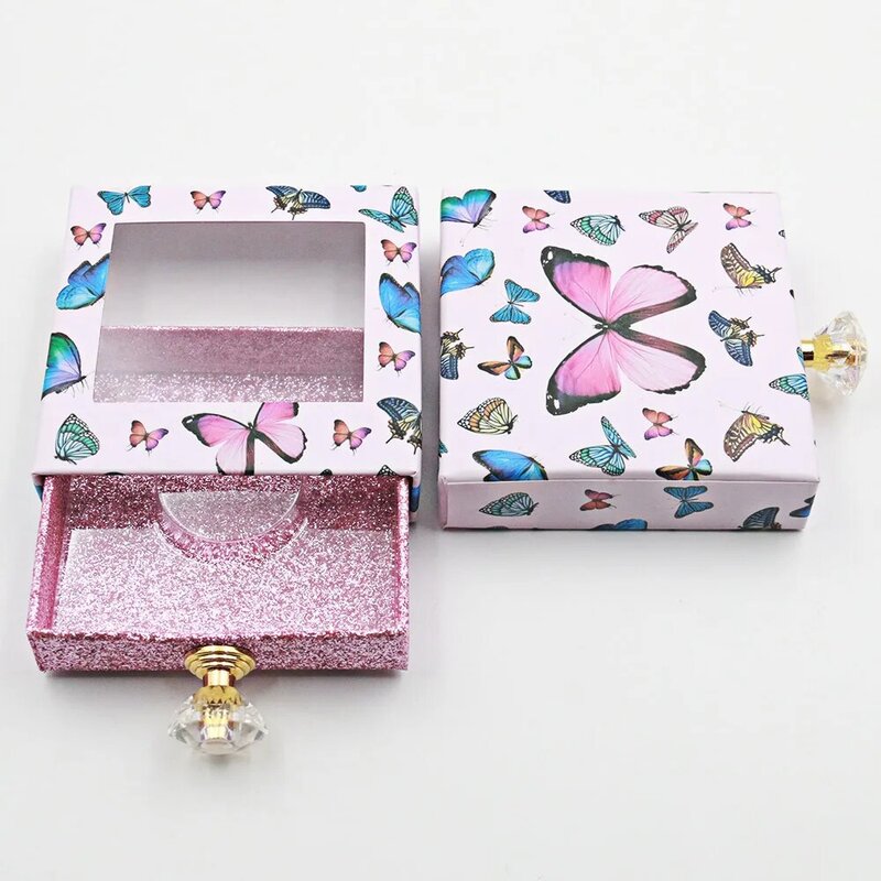 蝶柄デザインまつげ包装ボックスまつげボックス包装クリスタルハンドルミンクまつげホルダーケースとクリアトレイ
