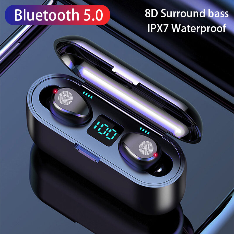 Auriculares TWS inalámbricos por Bluetooth, Auriculares deportivos estéreo 9D impermeables con caja de carga de 2500mAh