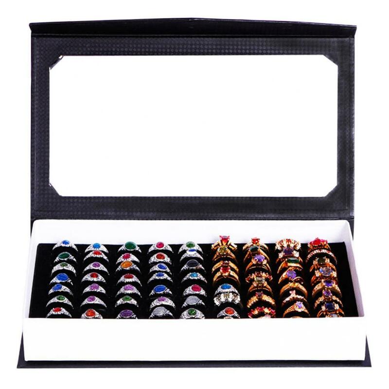 70% venda quente moda retângulo jóias exibir bandeja titular 72 buracos anéis caixa de armazenamento caso