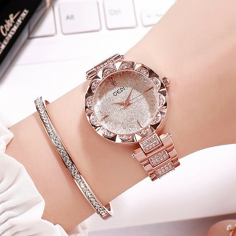 Reloj de lujo para mujer, pulsera de cuarzo con correa de acero de oro rosa, de marca superior, femenino