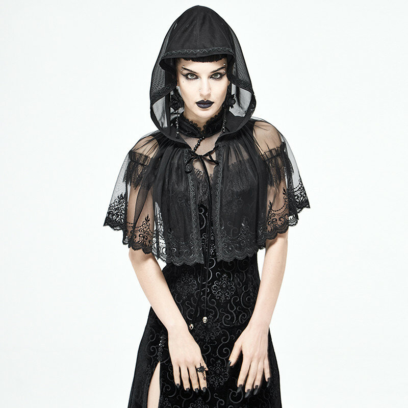Gothic Mysterious Noble Mesh Perspective Sexy Hooded Shawl Lolita Prom Party Lace-up Short Cape Small Cape
