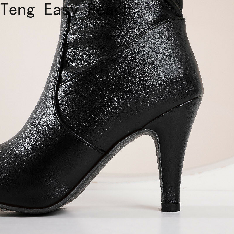 Chất Liệu Da PU Mềm Quá Đầu Gối Giày Cao Gót Giày Đế Ấm Sang Trọng Của Người Phụ Nữ Mùa Đông Dài Giày Zapatos Mujer Đen Trắng hồng Giày