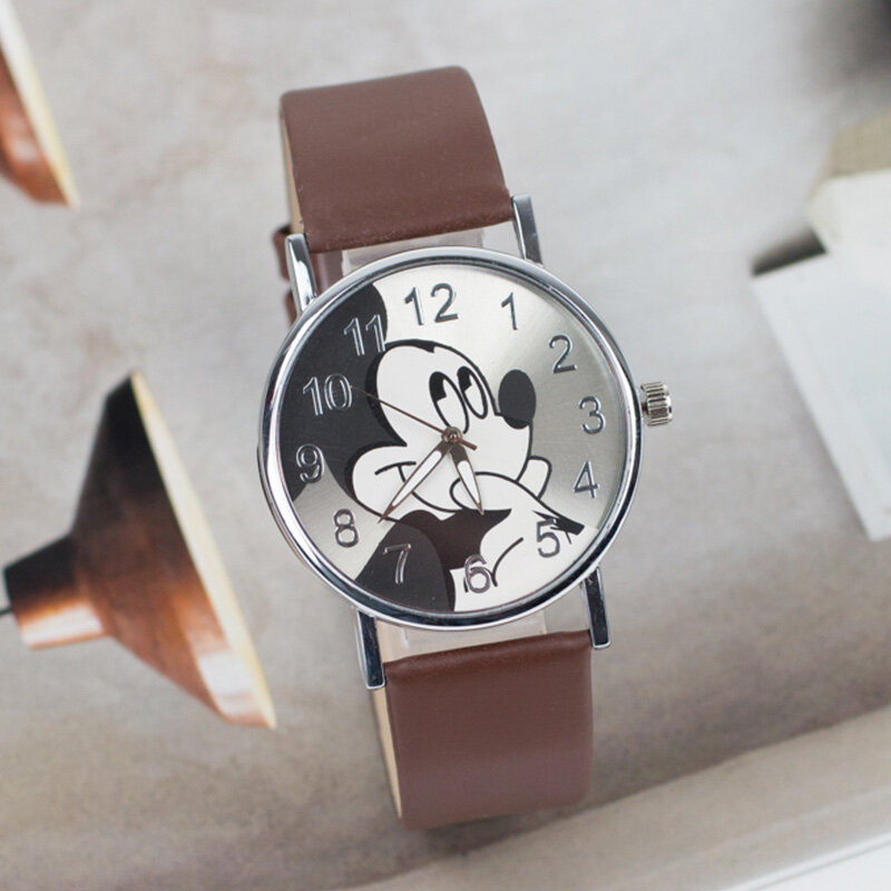 Mickey relógios para mulheres e meninas, pulseira de couro, relógio de quartzo para senhoras, relógio de pulso, moda