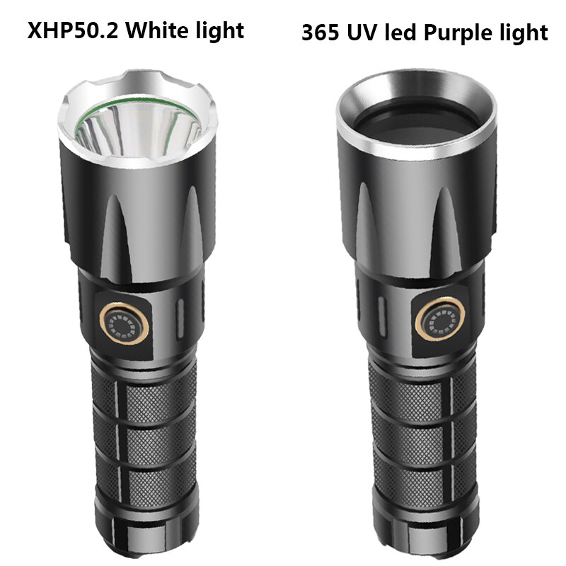Uv 365 roxo lanterna led usb recarregável 18650 ou 26650 bateria power bank xhp50.2 luz branca tocha