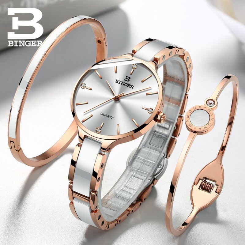 Suíça binger relógio de luxo feminino marca moda pulseira relógios senhoras cinta cerâmica relógios de pulso feminino relogio feminino