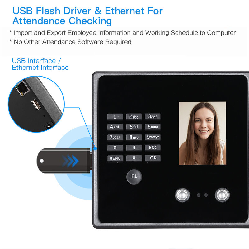 2022. Sistem Absensi Biometrik Pengenalan Waktu Kehadiran Wajah Cerdas Biometrik Jam Waktu USB/Karyawan Ethernet