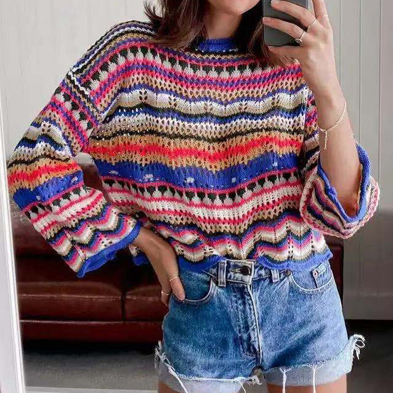 Rainbow O-neck Striped Sweater Women 2021 Autumn Winter Loose Knit Pullover Sexy Fashion Street Style Sweaters Tops Female
