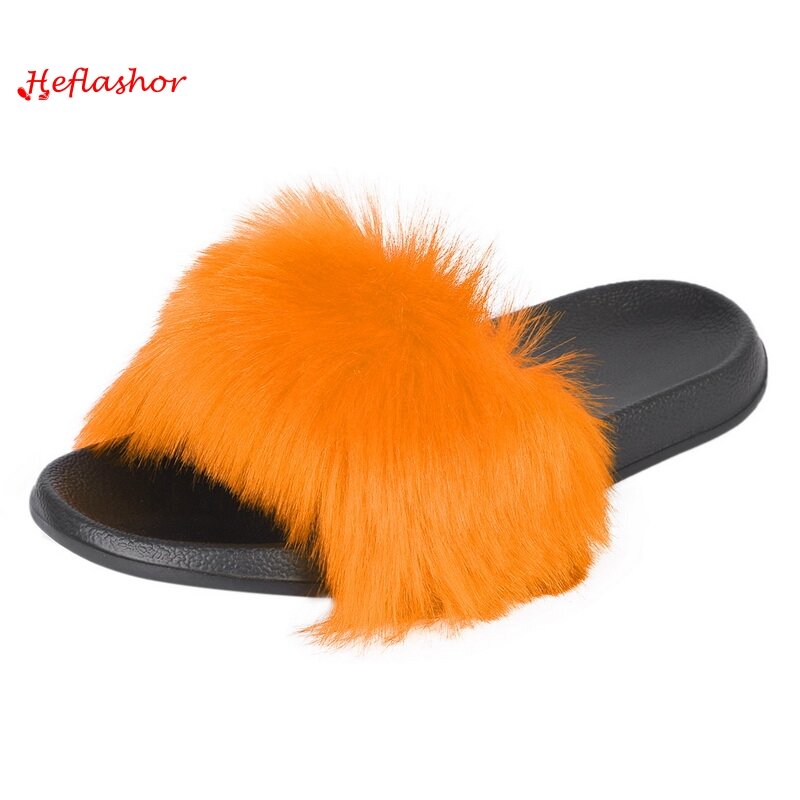2021 mulheres chinelos peludos das senhoras sapatos bonito de pelúcia raposa cabelo macio sandálias de pele das mulheres chinelos de inverno quente