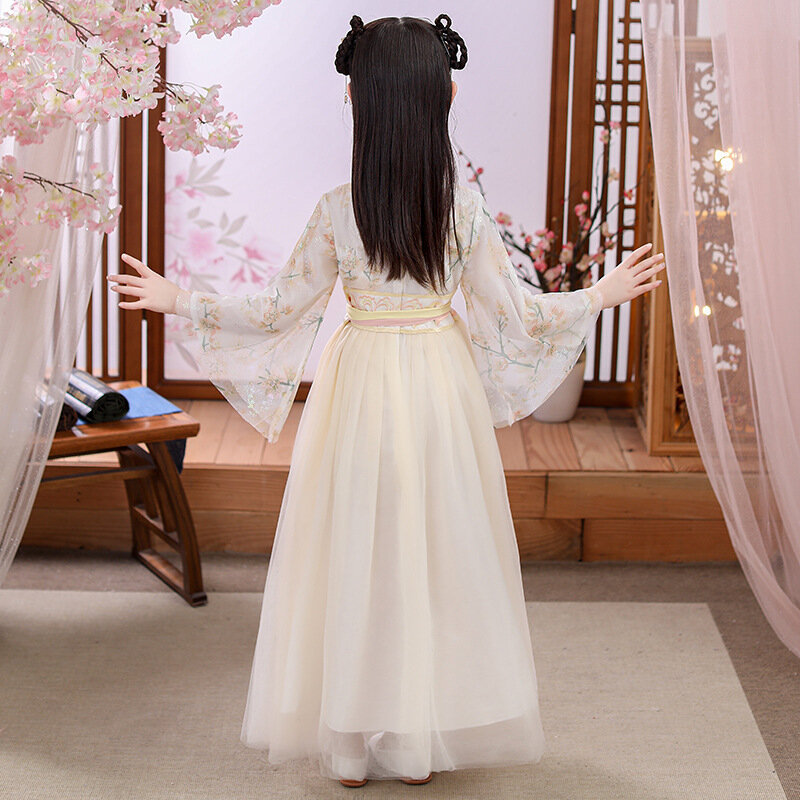 Novo estilo hanfu, vestido de malha com bainha grande para meninas, saia étnica de fantasia