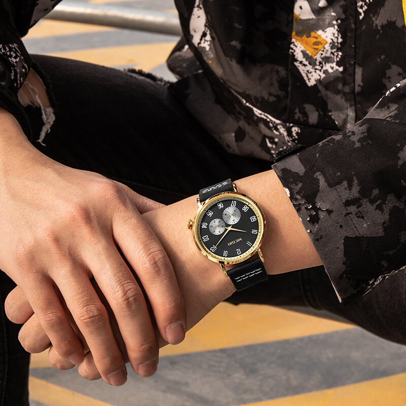 العلامة التجارية الفاخرة MEGIR الرجال الذهب الأسود الساعات الجلدية الإبداعية الطلب كوارتز ساعة الذكور 24 ساعة عرض مقاوم للماء تاريخ ساعة اليد