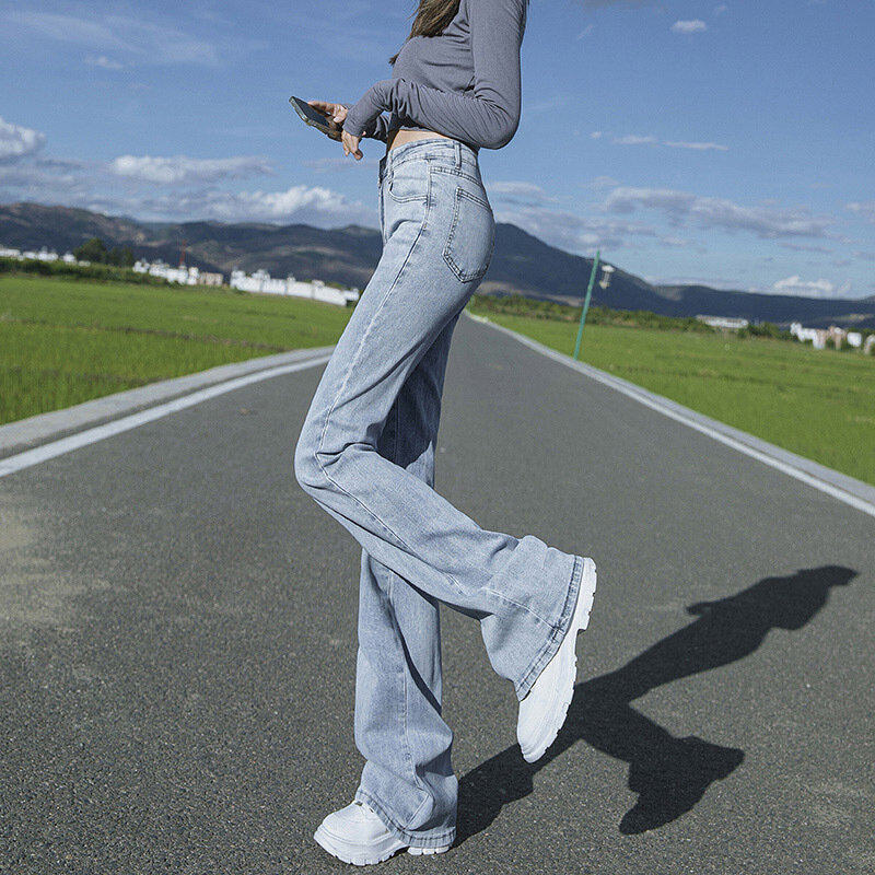 Celana Jeans Pinggang Tinggi Warna Terang Jeans Wanita Korea Ketat Tanduk Panjang Modis Hitam Jeans Wanita Katun Kasual