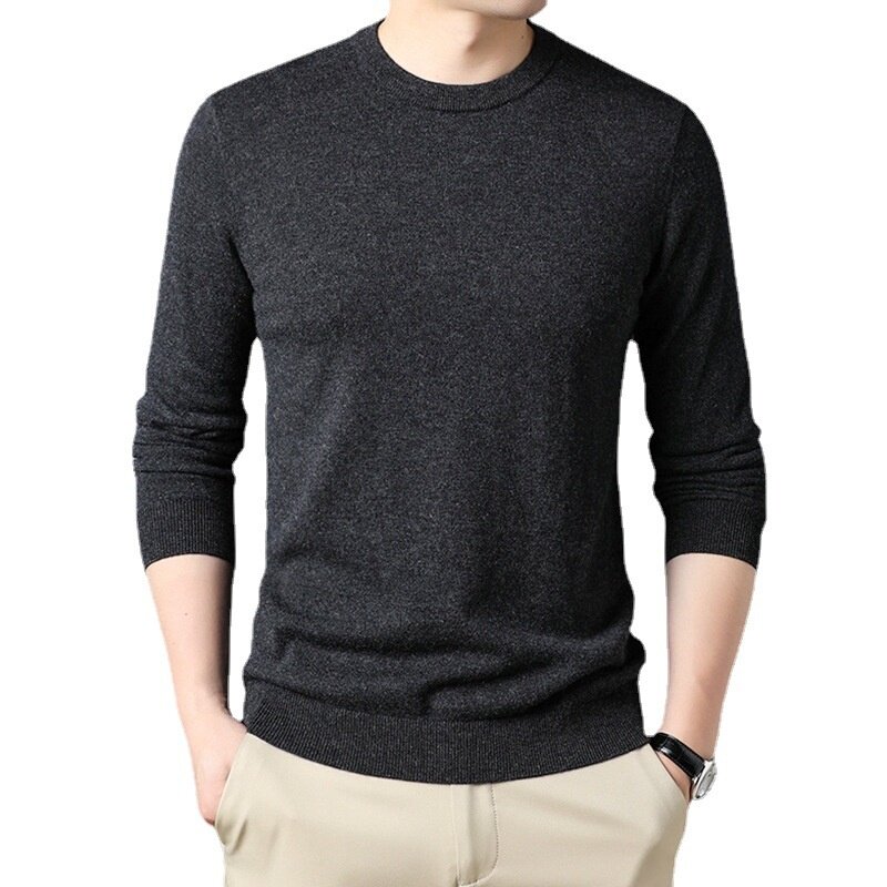 100 pure wool bottomed sweater middle-aged men's sweater solid color round neck casual all wool sweater wool sweater men's