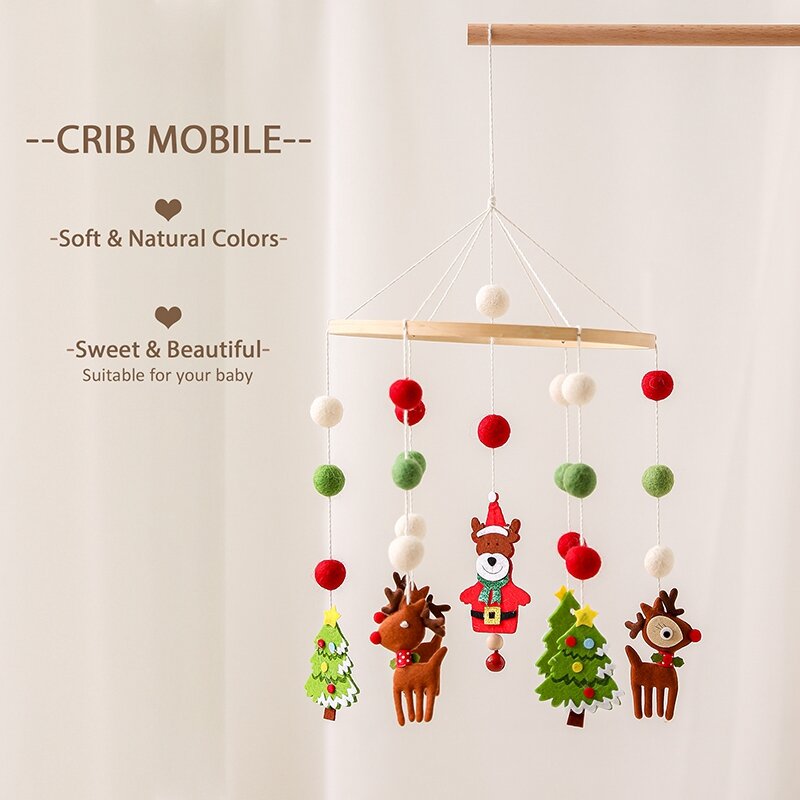 Let's Make1Pcs Baby Christmas Series Creative Mobile Bed Bell Rattles Newborn Toy Wooden Fluffy Ball Crib Decoration Wind Chimes