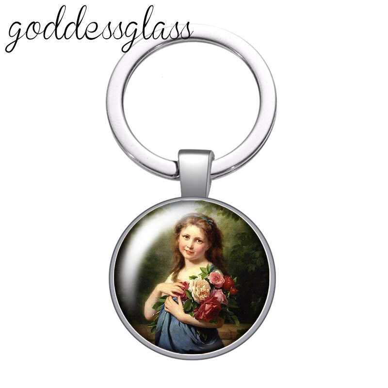 새로운 유화 사진 유럽 레이디 꽃 소녀 유리 카보 숑 열쇠 고리 가방 자동차 열쇠 고리 반지 홀더 매력 열쇠 고리 선물