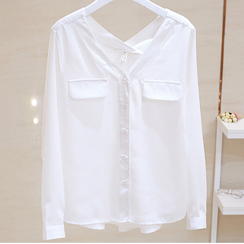 Женская Офисная приталенная рубашка, элегантная белая блузка большого размера с V-образным вырезом, двумя карманами и длинным рукавом