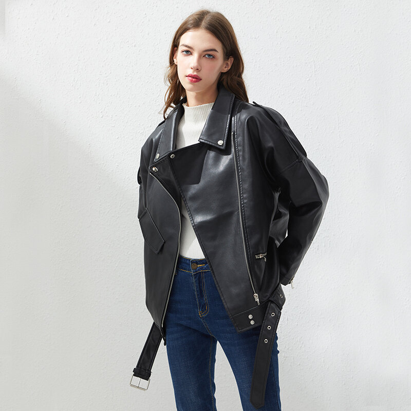 2021 mulheres jaqueta de couro do falso frouxo faixas casuais motociclista jaquetas outwear feminino encabeça bf estilo casaco de couro preto