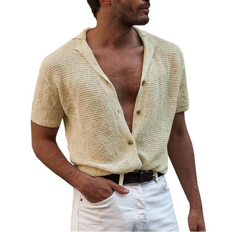 Suéter masculino com gola v, pulôver de verão fino com manga curta e lapela, novidade 2021