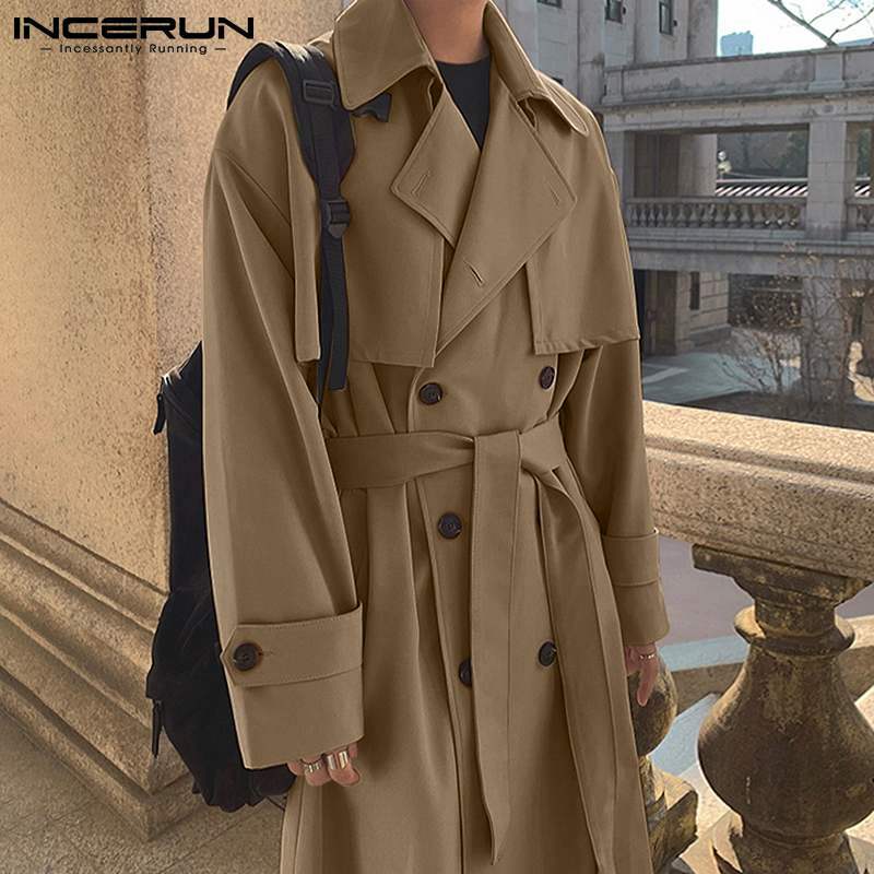 Elegante novo masculino cor sólida bem montagem trench comeforable masculino longo sobre o joelho lapela casaco casaco S-5XL incerun topos 2021
