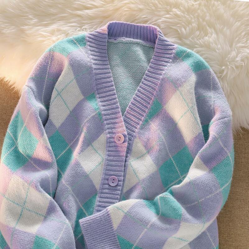 Cárdigan de punto púrpura para mujer, ropa de calle japonesa Vintage con cuello en V, prendas de punto de Argyle, suéter suelto informal, abrigo de invierno