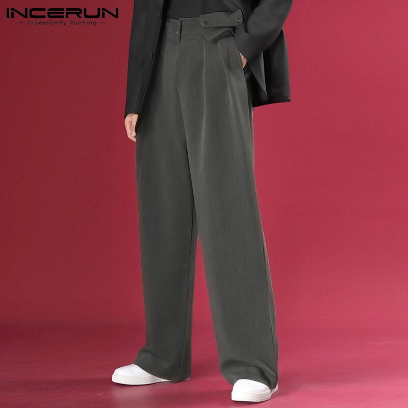INCERUN-pantalones de cintura alta a la moda para hombre, ropa de calle elegante, pantalón de pierna ancha informal, 2 colores, S-5XL, novedad de 2021