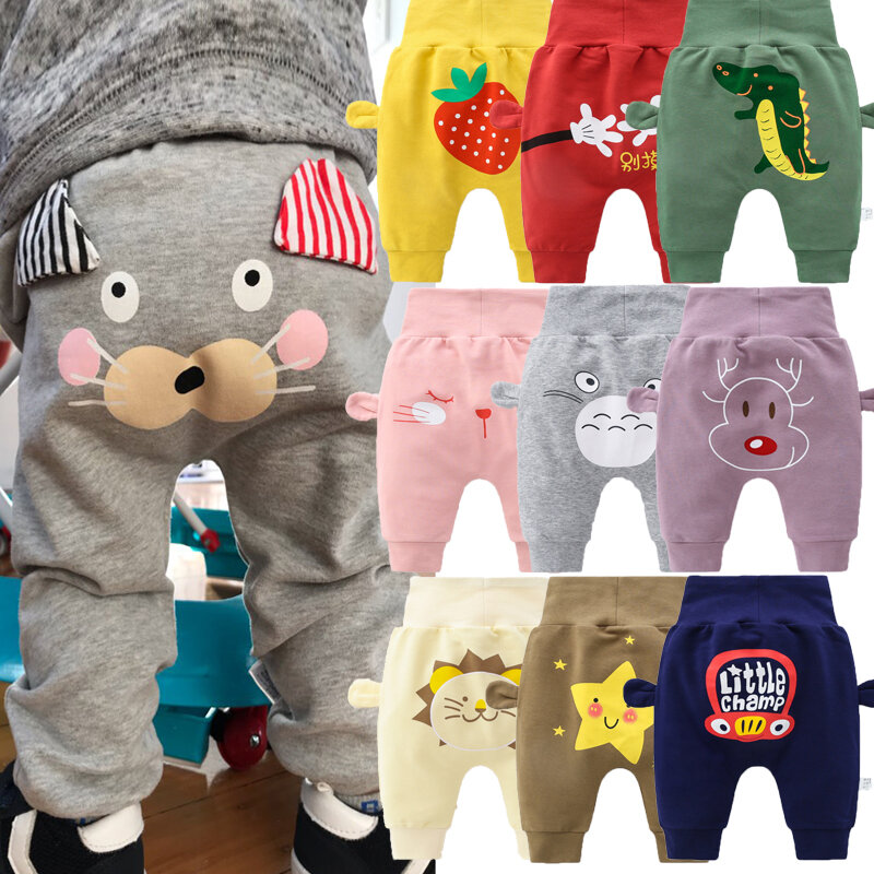 New Born Baby Boys Girls Cartoon Pants Spring High Waist Guard Belly Trousers Infant Baby Autumn Pp Pants Animal Print Bottoms