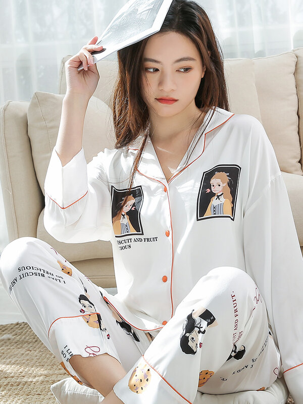 Mùa Xuân Năm 2022 Nữ Ice Silk Bộ Đồ Ngủ Bộ In Hình 2 Chiếc Pyjamas Femme Đồ Ngủ Cao Cấp Giả Lụa Pijama Mujer "Homewear