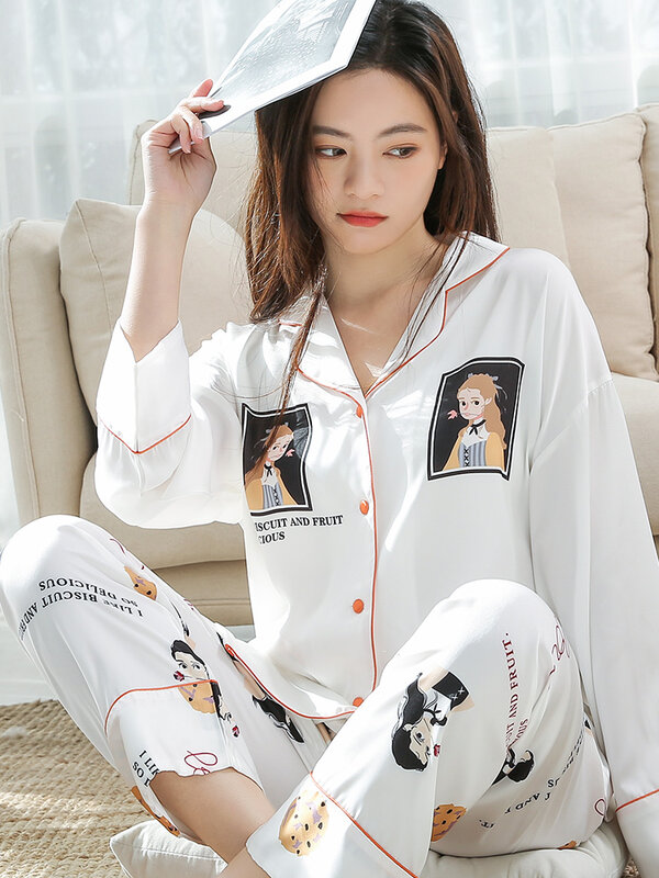 2022 Spring Women Ice Silk Pajamas Sets Printed 2 Pcs Pyjamas Femme Sleepwear High Quality Imitation Silk Pijama Mujer Homewear