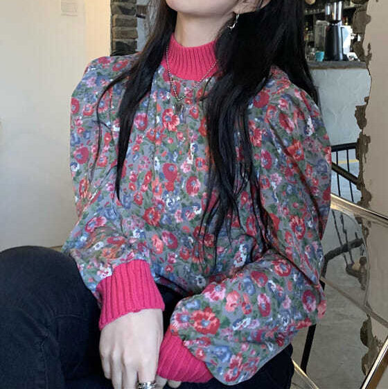 Chemise rétro à col haut et motif floral pour femme, nouveau haut à manches longues, en Polyester, régulier, 2021