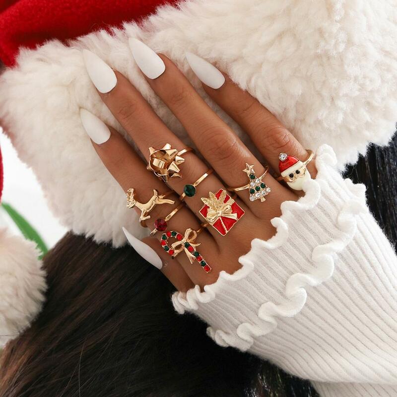 8pcs Christmas Tree Ornaments Ring Set Enamel Snowman Elk Candy Cane Rings Set For Women New Year Xmas Jewelry Gift 2022