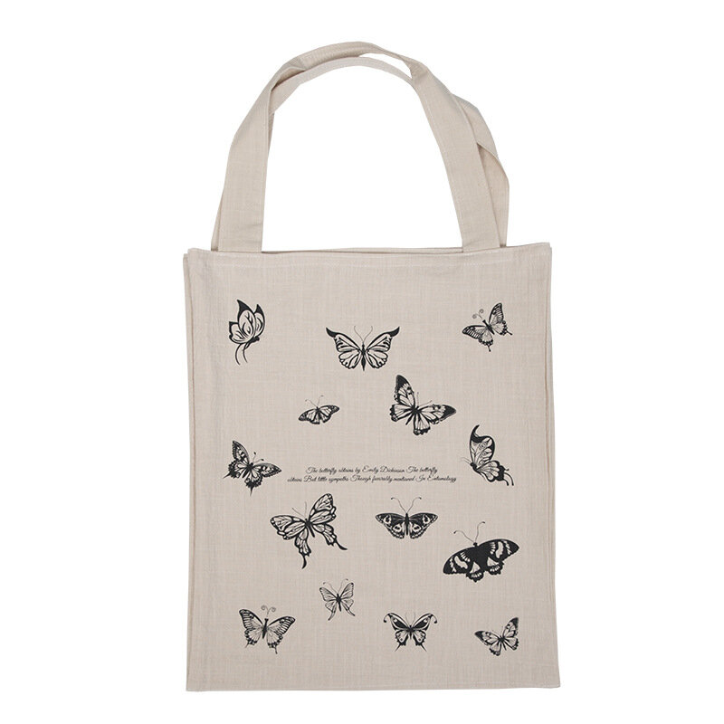 Холщовые сумки для покупок из хлопка и льна для женщин, экологически чистая вместительная Винтажная сумочка на ремне, тоут с принтом бабоче...