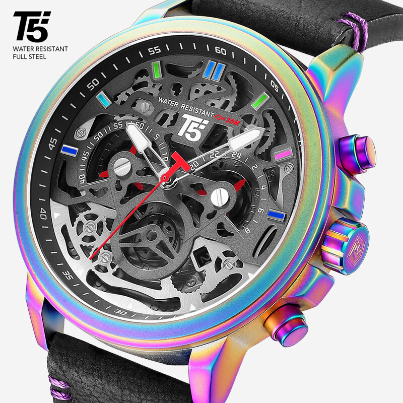 Skórzany pasek T5 luksusowy czarny mężczyzna kwarcowy z chronografem wodoodporny mężczyzna sporta mężczyzna zegarka zegarki na rękę człowiek zegar