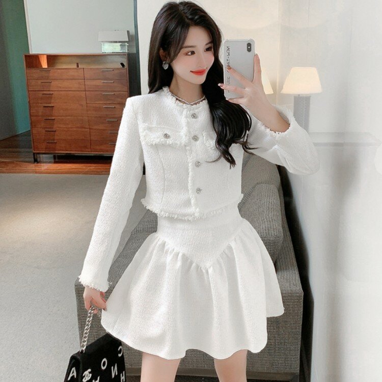 Autumn Vintage Small Fragrance Women's Temperament Two-Piece Sets Tweed Crop Top Jacket + High Waist Pleated Mini Skirt Suit