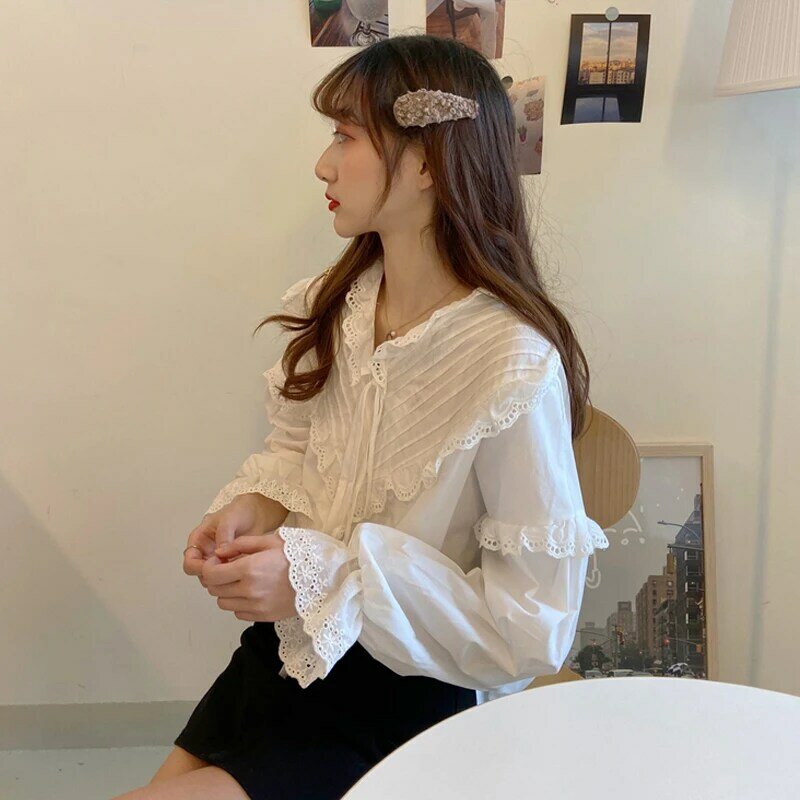 Женская нежная рубашка во французском стиле, белая рубашка с длинным рукавом в западном стиле, весна-осень 2021