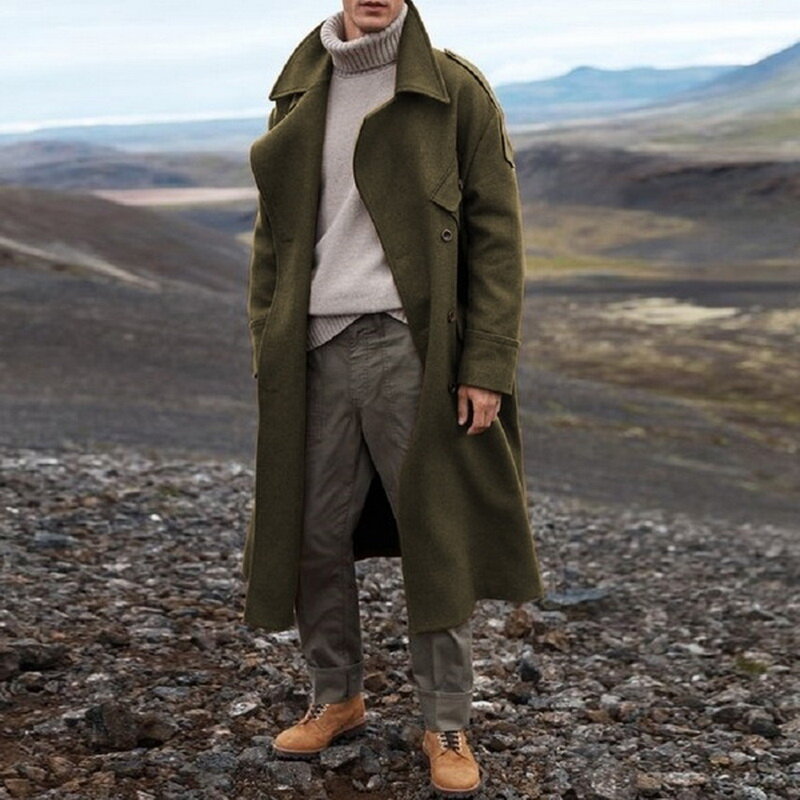 Gabardina larga de mezcla Retro para hombre, abrigo informal marrón de lana cálida, ropa de calle, prendas de vestir exteriores, abrigo de mezclas, 2021
