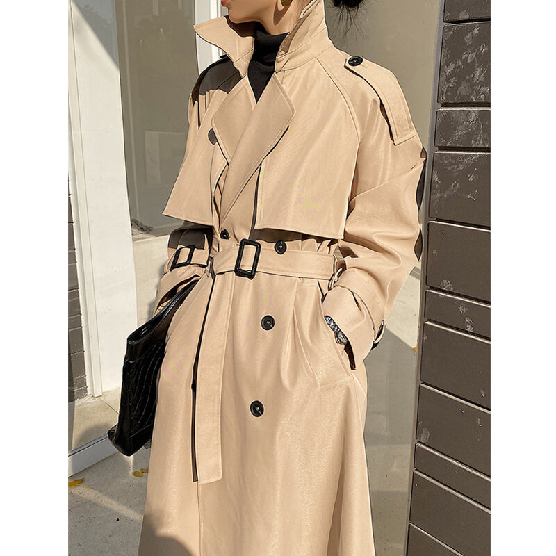 Gabardina elegante con cuello vuelto para mujer, abrigo holgado de manga larga con cinturón, moda de estilo británico, invierno, 2021
