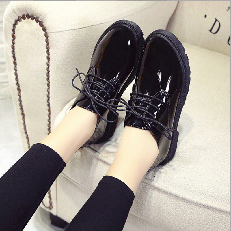 2020 autumn new mid heel shoes casual round toe small leather shoes female British style thick bottom all-match women's shoes