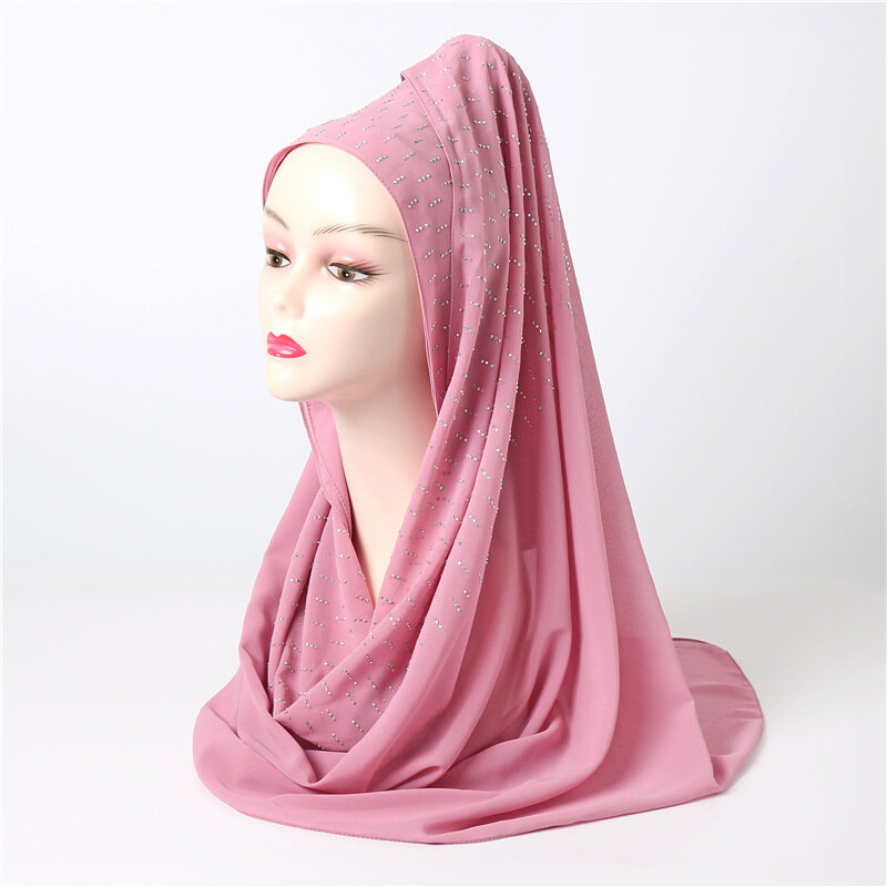 Шифоновый шарф в виде тяжелых пузырей, хиджаб, Женская однотонная повязка на голову с бриллиантами, мусульманская бандана под кожу, 180 см * 70 ...