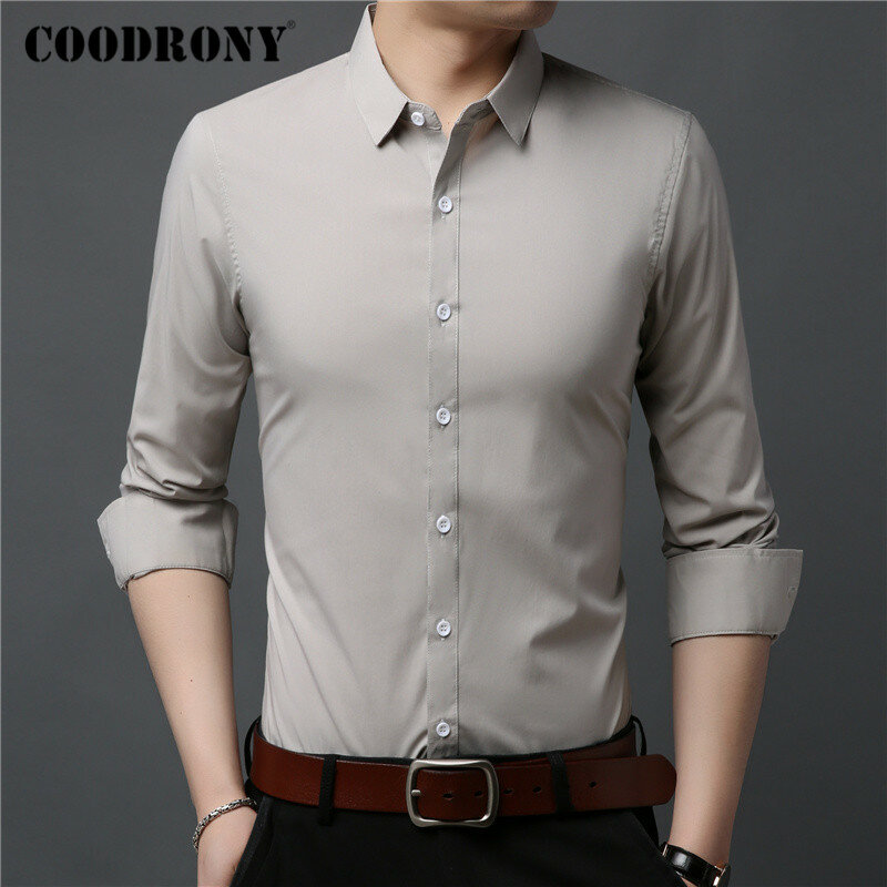 COODRONY-Camisa de manga larga de algodón para hombre, ropa Masculina informal de negocios, de Color puro, para primavera y otoño, C6020