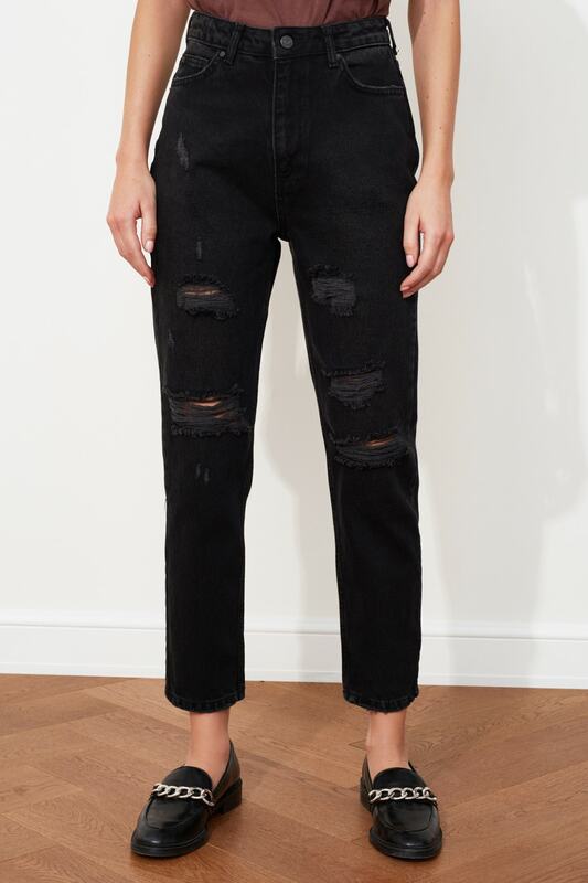 Trendyol rasgado detalhado alta bel mãe jeans twoss20je0177