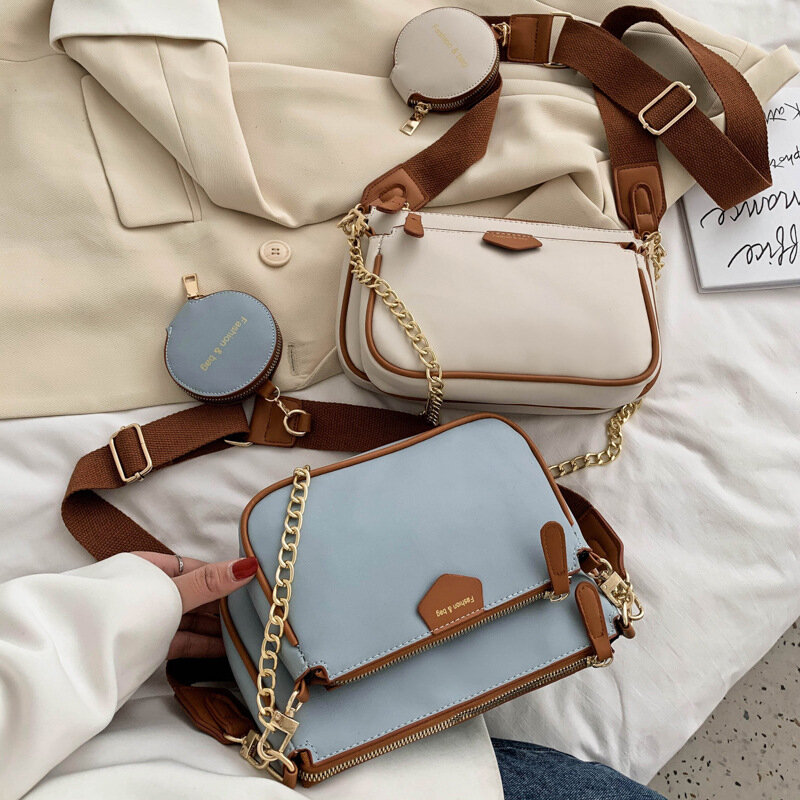3 Women Bags Set Brand Design Chains Women Shoulder Bags Wide Strap Shoulder Bags Luxury PU Leather Crossbody Bag Lady Handbags