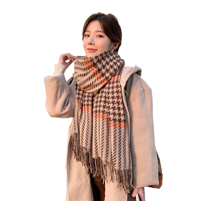 Роскошный женский шарф в клетку из искусственной кашемира, новый корейский стиль с бахромой, двусторонняя теплая шаль в клетку, осень и зима