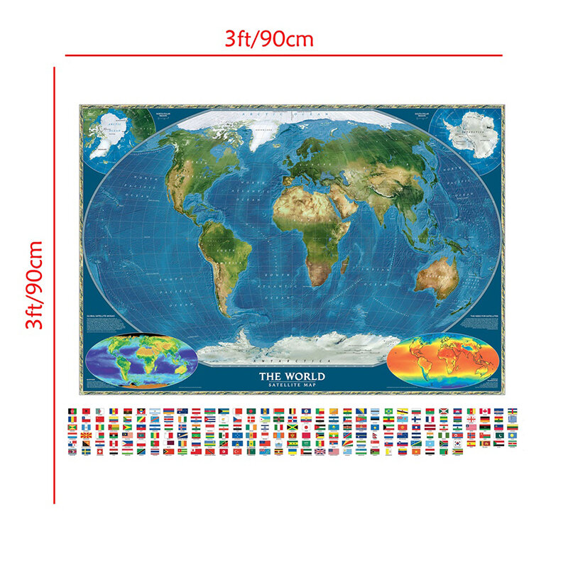 Carte du monde Non tissée, 90x90cm, carte décorative, Satellite Global, mosaïque