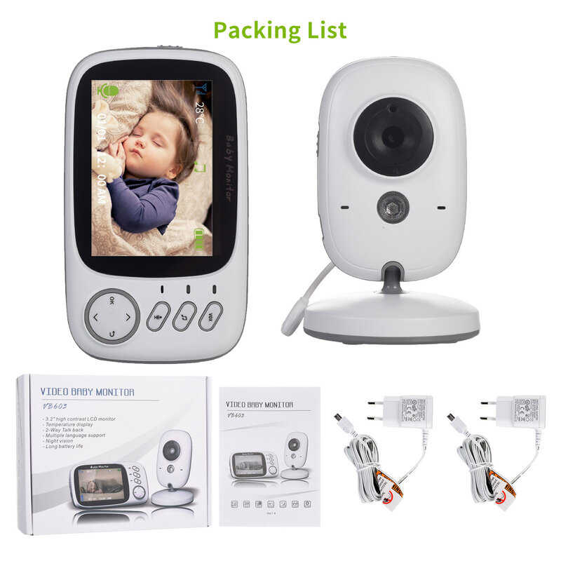 Monitor de bebé inalámbrico con visión nocturna, dispositivo de seguridad sin cable de 3.2 pulgadas para recién nacidos con cámara de vídeo IR, pantalla LCD, 2 vías y 8 canciones de cuna incluidas