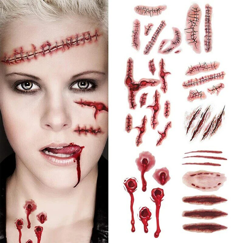2Pcs Halloween New Scar Tattoo Sticker Super Realistic Wound DIY Fake Bloody Scar Cosplay Party Masquerade Decoration Stickers