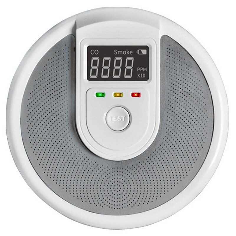 Detector de fumaça e monóxido de carbono, relógio despertador com tela lcd e aviso por voz
