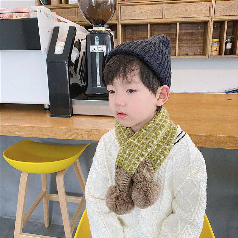 2021 어린이 겨울 새로운 격자 무늬 니트 스카프 일본 한국 달콤한 스타일 소프트 Pompon 패치 워크 스카프 목도리 키즈 따뜻한 Neckerchief
