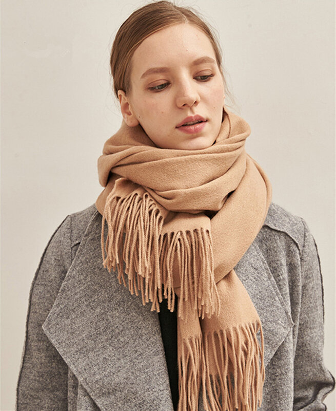 Well100-bufanda de lana para mujer, chal de lana de colores sólidos con flecos gruesos y cálidos, a la moda, para invierno, 2020