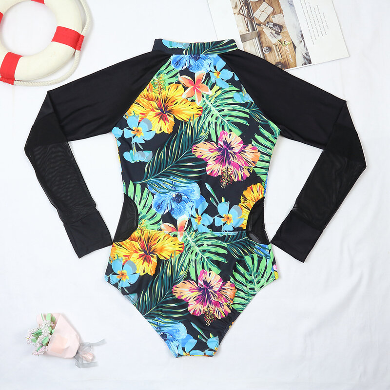 TYAKKVE Floral Print One Piece Swimsuit Women Long Sleeve Swimwear Rashguard Mesh Beach Wear Swimming Suit Monokini Bodysuit