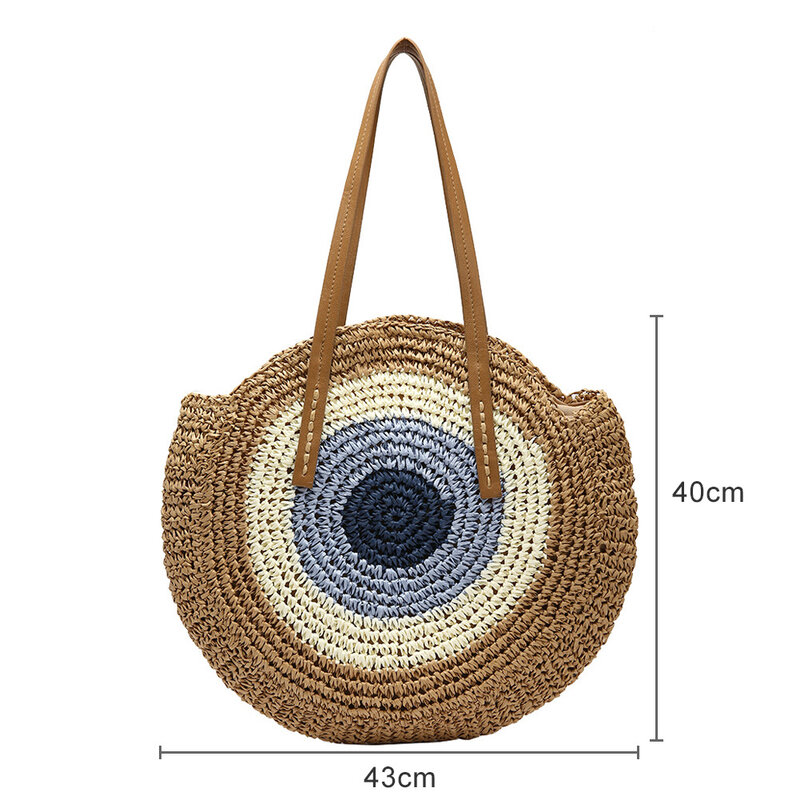 수제 밀짚 짠 여름 해변 여행 휴가 라운드 밀짚 가방 여성용 새로운 등나무 가방 어깨 여성 메시지 핸드백